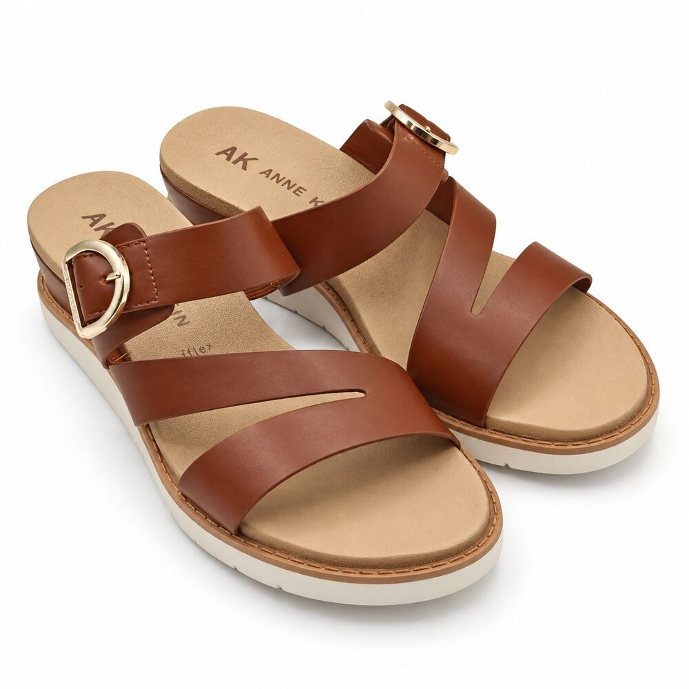 Anne Klein Lalasa Womens Cognac Buckle Slide Sandals iFlex Low Wedge Pick Size